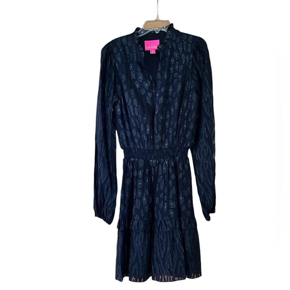 𝐋𝐢𝐥𝐥𝐲 𝐏𝐮𝐥𝐢𝐭𝐳𝐞𝐫 Black Onyx Avelynn Lilly Silk Metallic Dress Size 4 - Picture 6 of 12